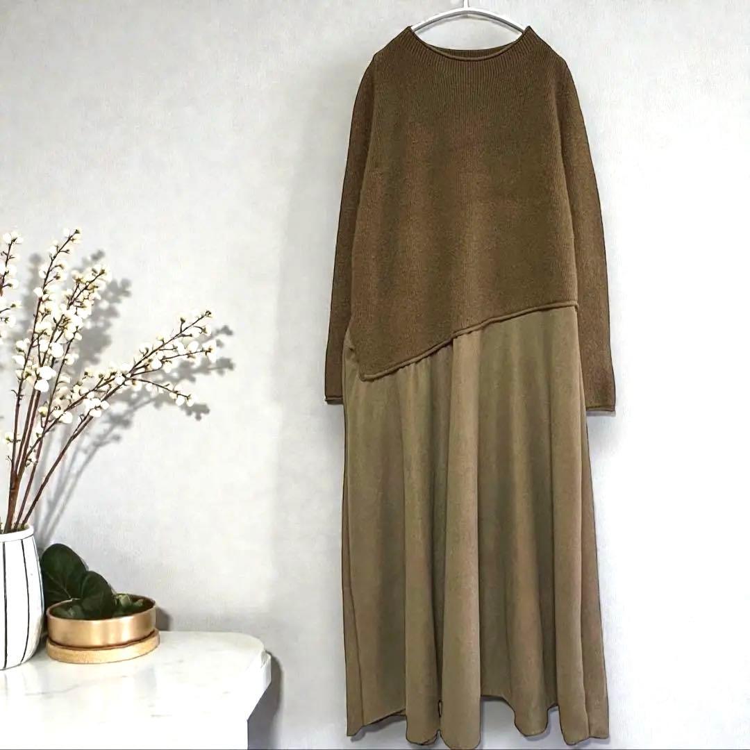 PLUS OTO.HA ボートネック ニット切替ワンピ カーキ F 新品