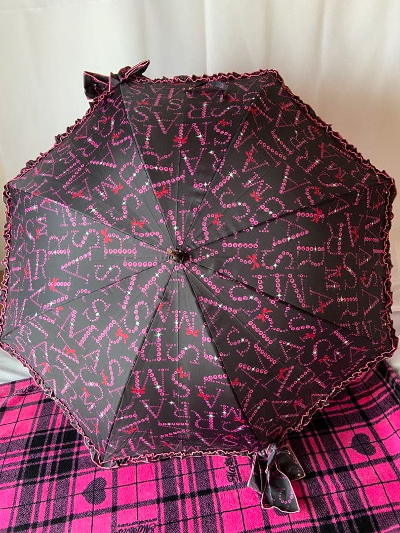 ★レア★　MARS マーズ　リボン付フリルMARSストーンロゴ柄長傘　黒✗ピンク
