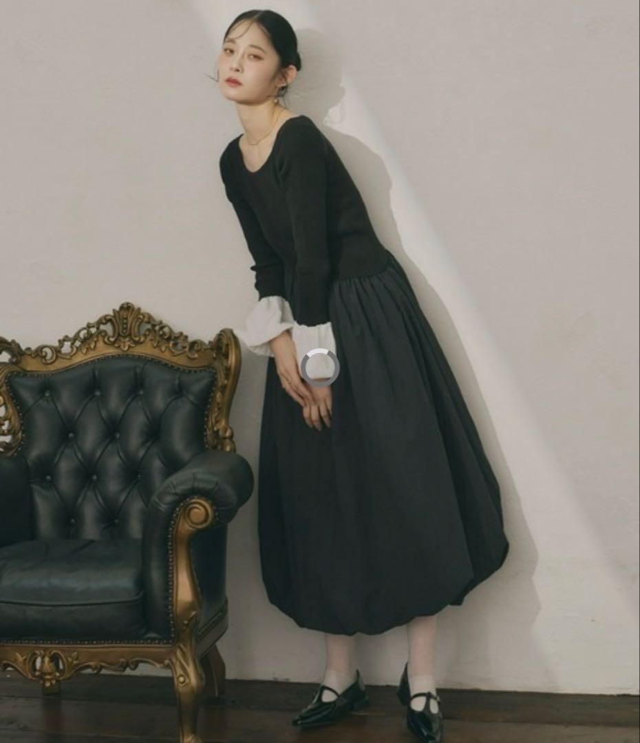 Olu. オルドット ニットドッキングバルーンワンピース black