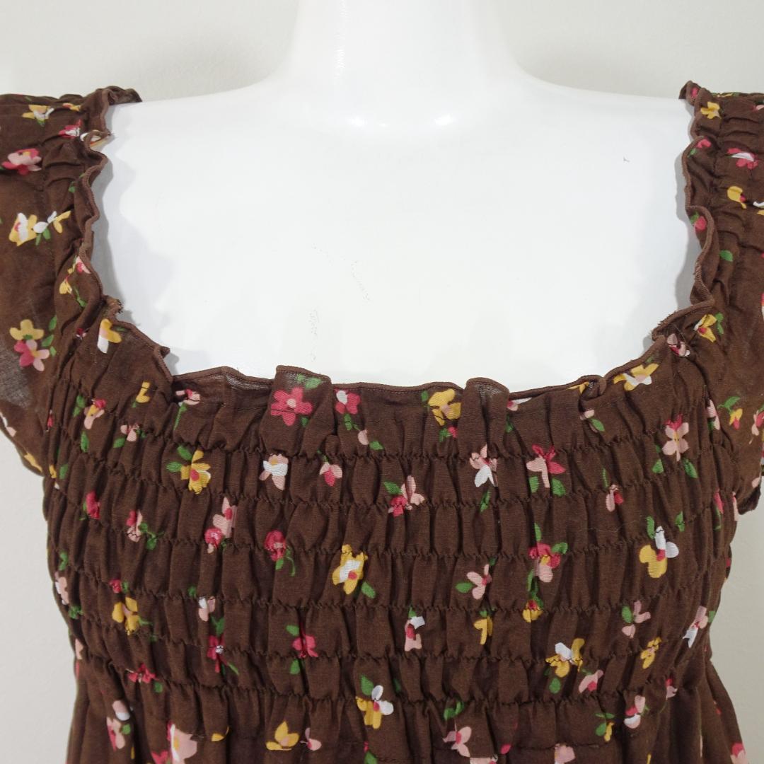 LIZLISA ワンピース 花柄 チェック柄 半袖 ブラウン フェアリーグランジ