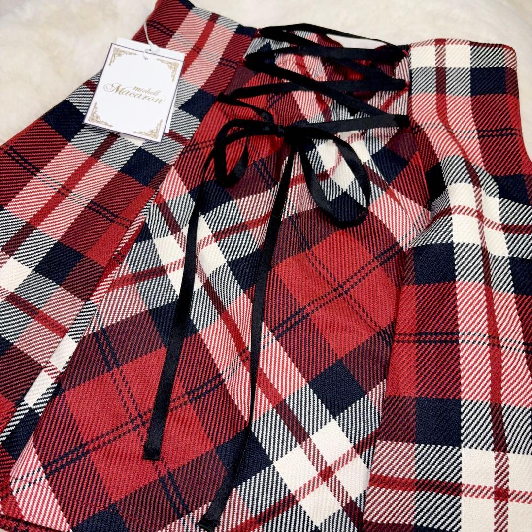 【新品タグ付き】 ミシェルマカロン フレアチェックスカート レッド FREE