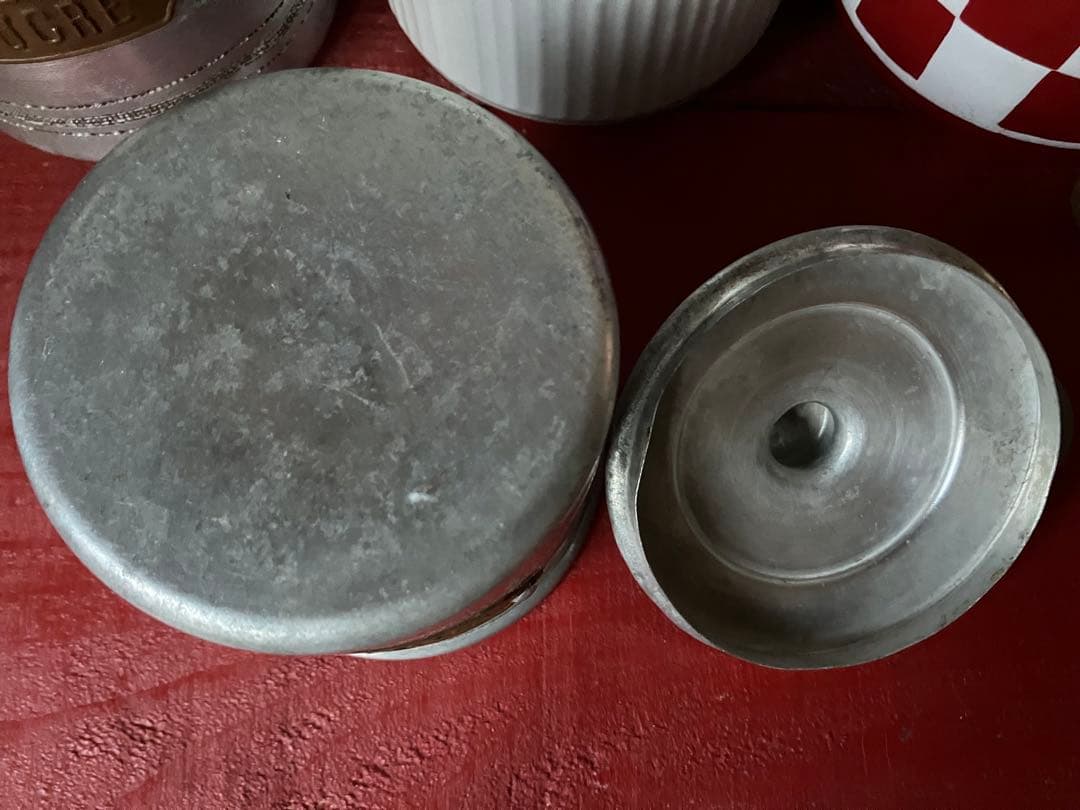 1930年代アルミキャニスター6缶セット　真鍮ラベル　フランスビンテージ