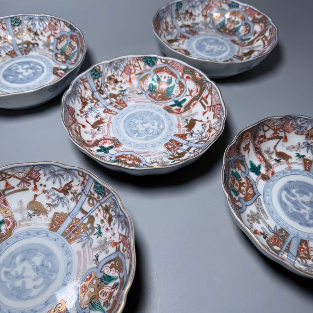 専用出品　幕末〜明治期　金蘭手　膾皿　五客　松竹梅　鶴　扇子　角冨印　上物