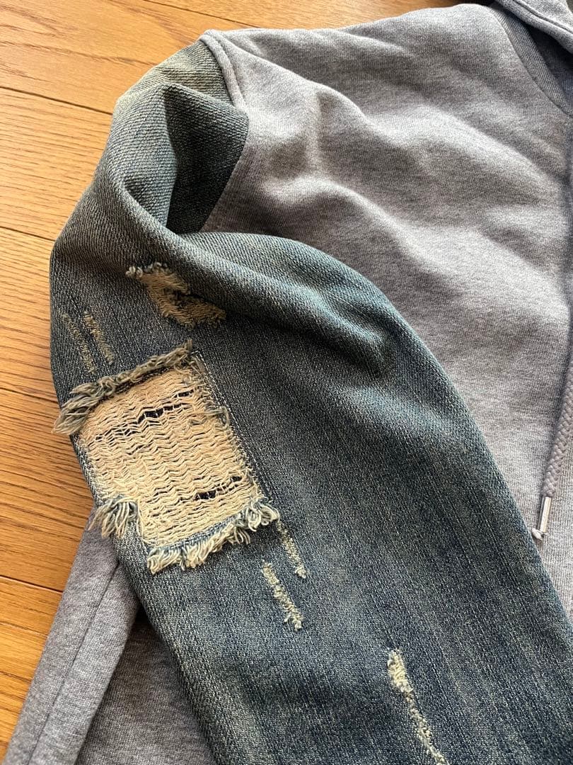 【未使用】DIESELディーゼル ダメージ加工 袖デニムパーカー
