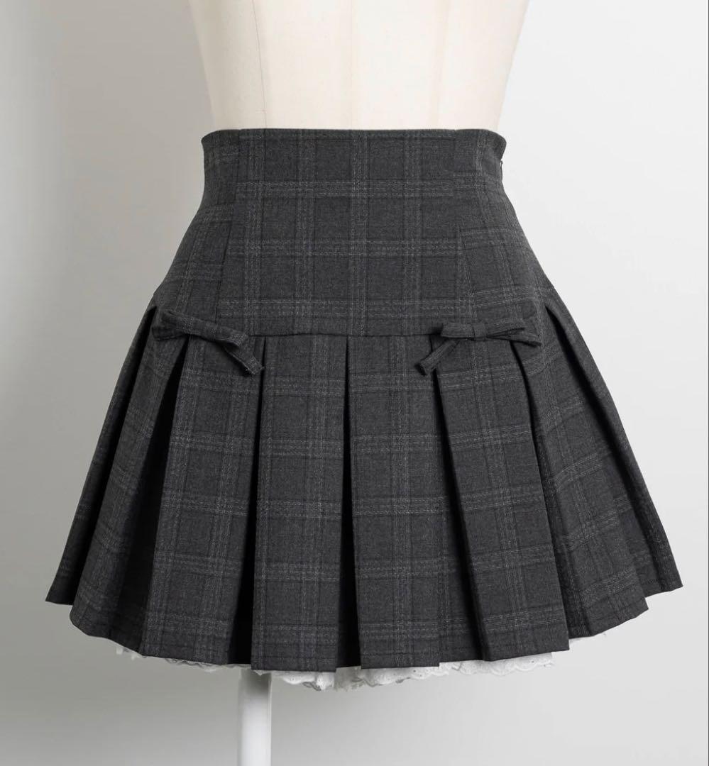 Pium ミニリボンコットンフリルプリーツスカート ブラックチェック