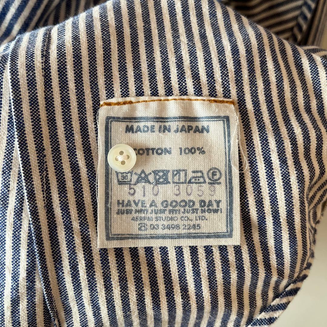 45R ストライプ柄 丸襟 コットンシャツ ブラウス 綿100% サイズ2 青白