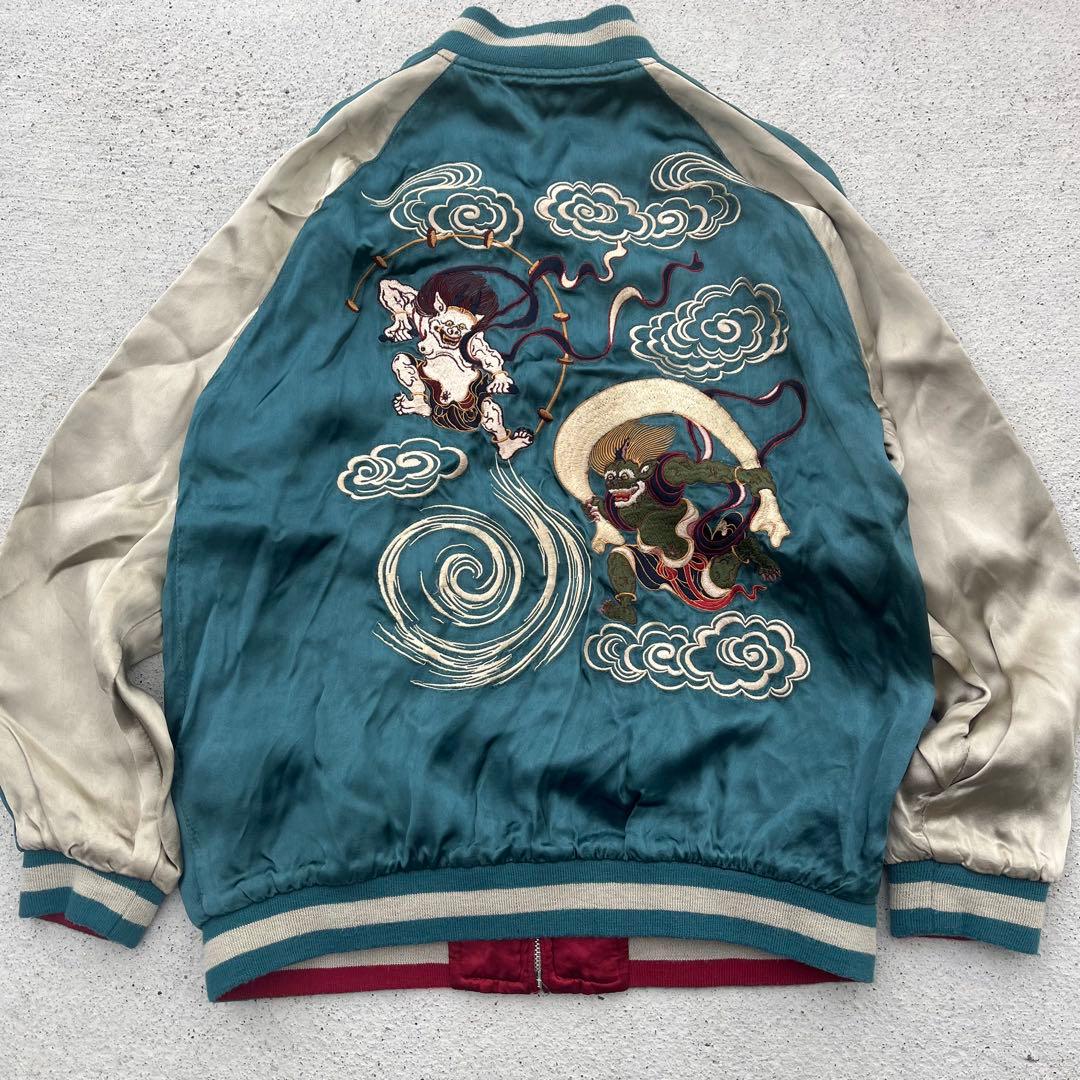 Pin Ball 風神雷神、刺繍 リバーシブル サテンスカジャン 赤　緑