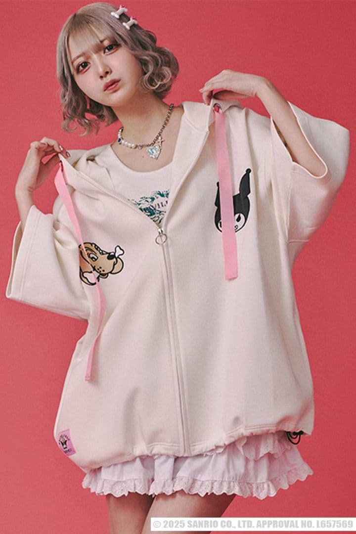 タグ付き【ガルフィー×クロミ】コラボ　大好きボンディング半袖パーカー　白　大きめ