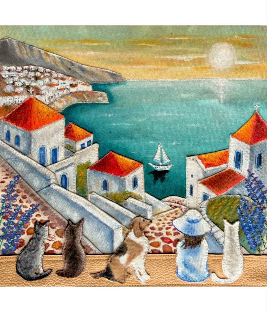 (手づくり)\"感謝溢れ出る日の夕暮れ\"レザー帆布トートバッグ/ネコ刺繍