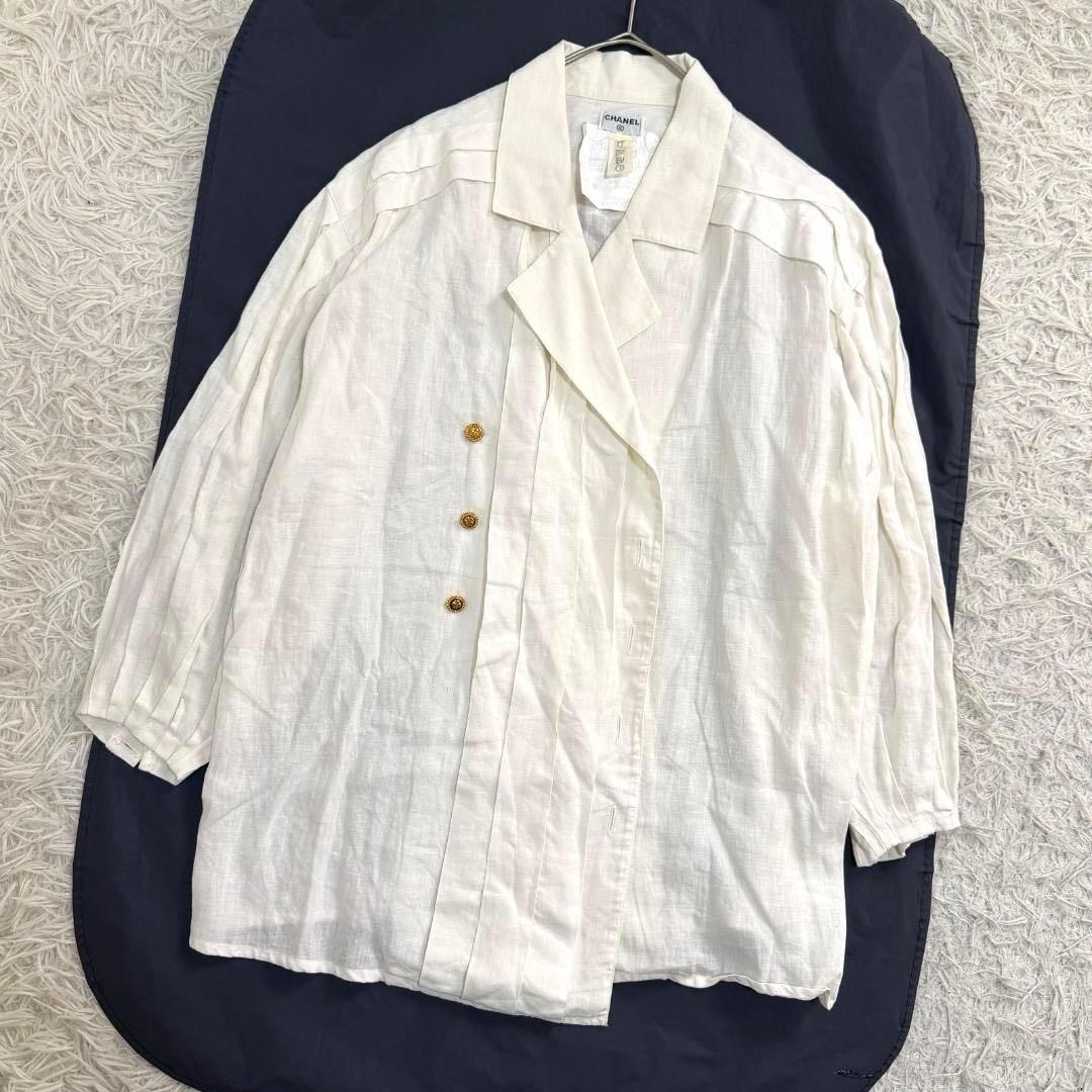 16619✨CHANEL ピンタック クローバー金ボタン ダブルシャツ ブラウス