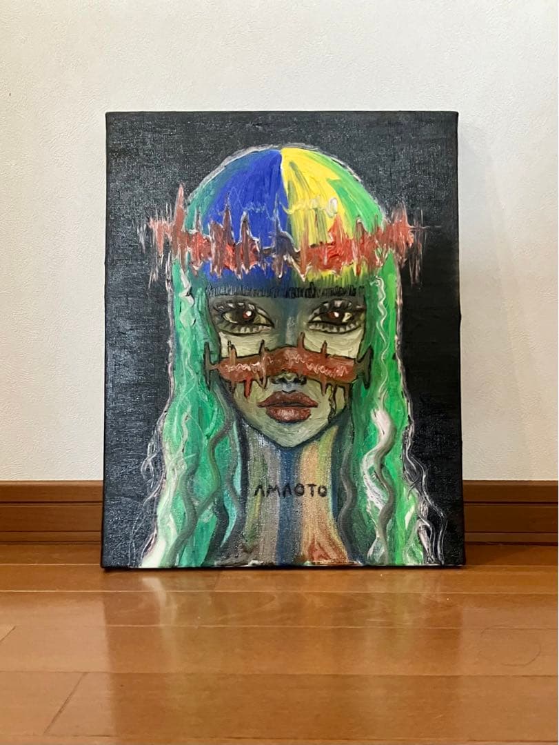 一点物 油絵 緑 女性 黒 キャンバス