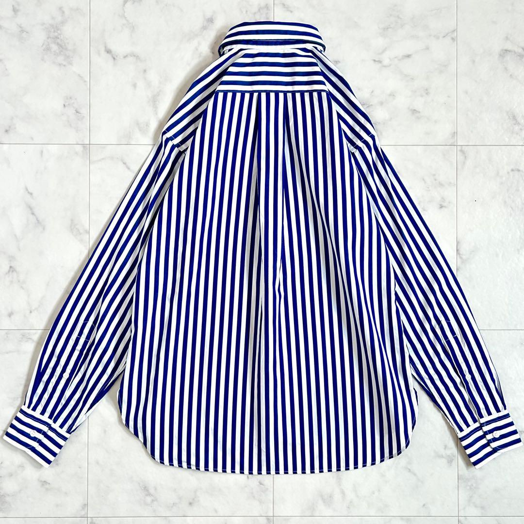 タグ付 ポロ バイ ラルフローレン ストライプ シャツ 袖ロゴ 青 近年モデル0