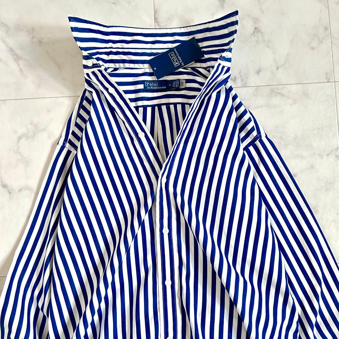 タグ付 ポロ バイ ラルフローレン ストライプ シャツ 袖ロゴ 青 近年モデル0