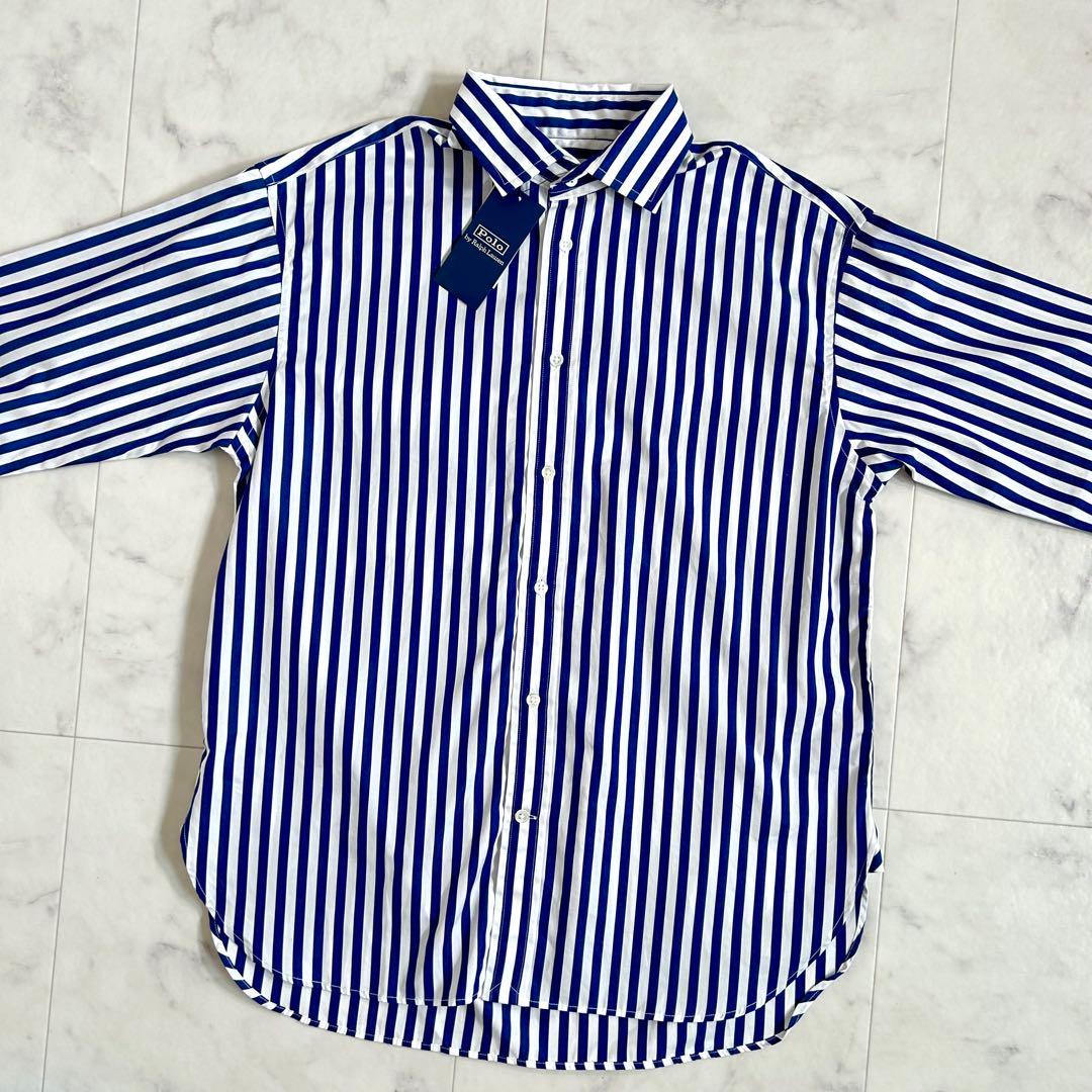 タグ付 ポロ バイ ラルフローレン ストライプ シャツ 袖ロゴ 青 近年モデル0