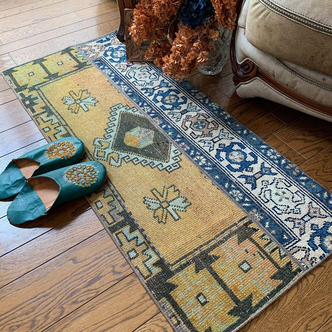 トルコヴィンテージラグ　マスタードイエロー115cm×52cm トルコラグ