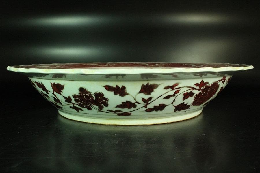 中国美術 釉裏紅 纏枝蓮花鳳紋 折口皿(K-A837)