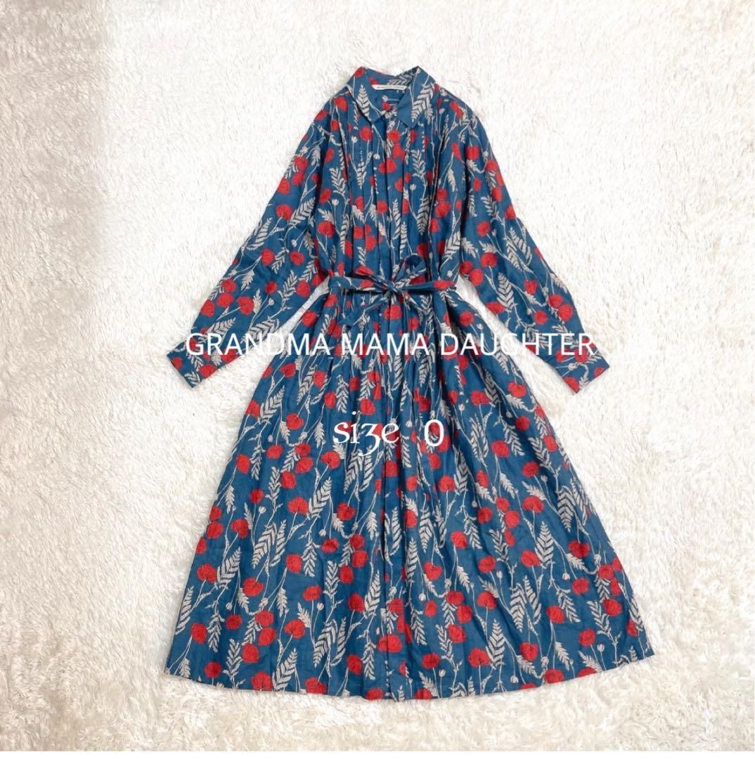 美品✨グランマママドーター 花柄 シャツワンピース リネン ベルト ロング
