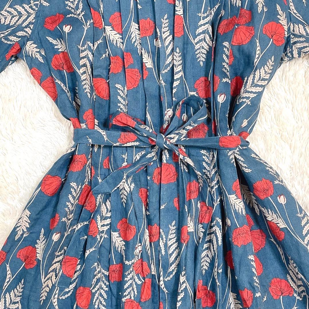 美品✨グランマママドーター 花柄 シャツワンピース リネン ベルト ロング