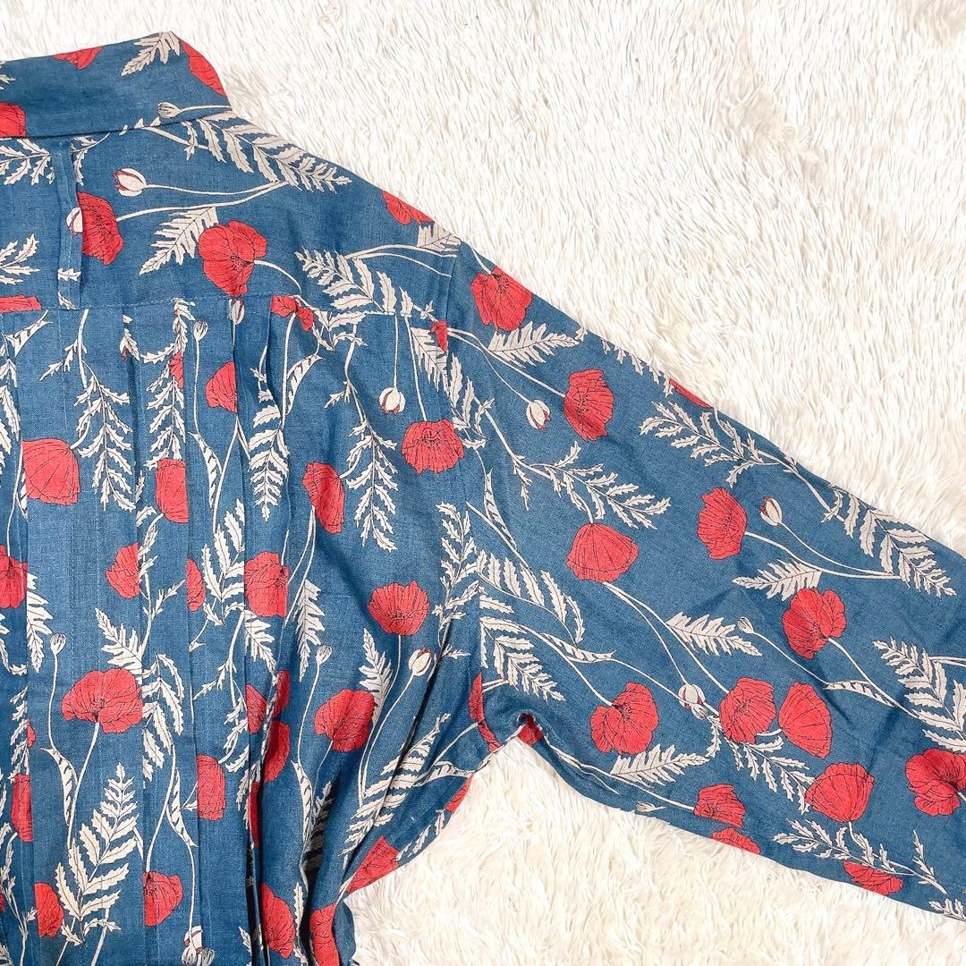 美品✨グランマママドーター 花柄 シャツワンピース リネン ベルト ロング