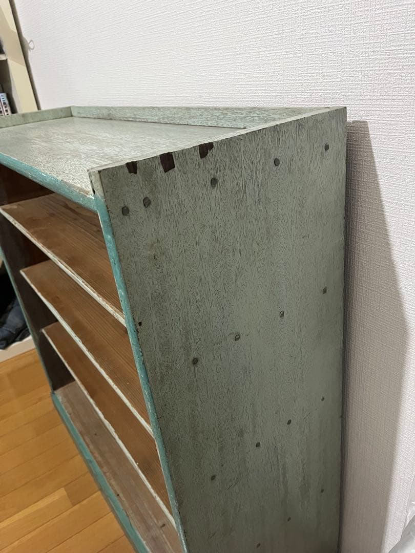 青緑の昭和レトロな本棚　木製4段　ブルーグリーン