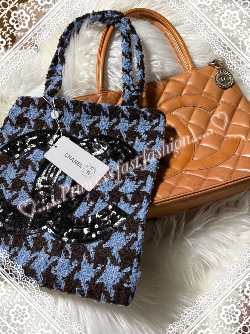 ち*太様 シャネル CHANEL 千鳥 ブルー スパンコール トートバッグ
