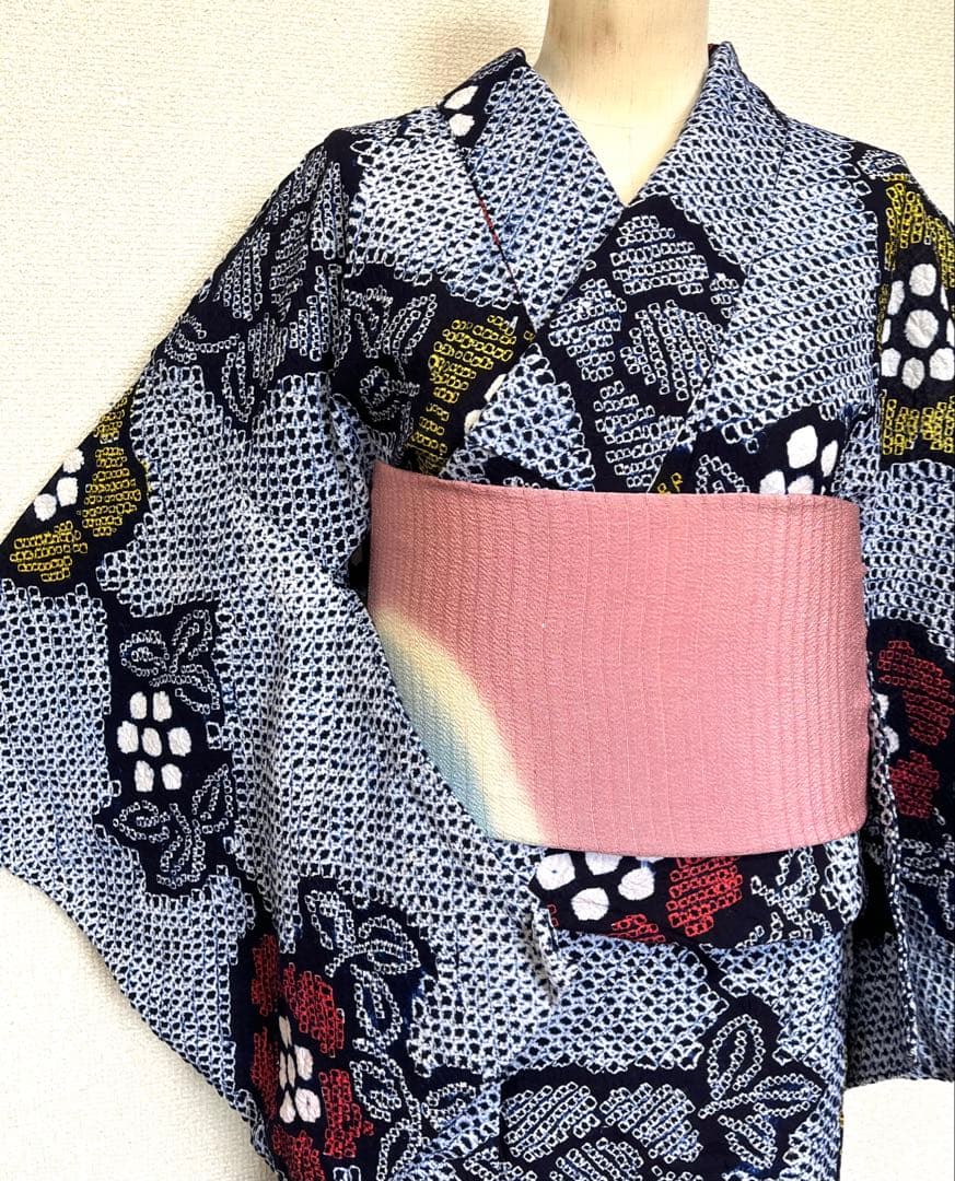 有松鳴海絞り　浴衣　広衿仕立て　花　（213）