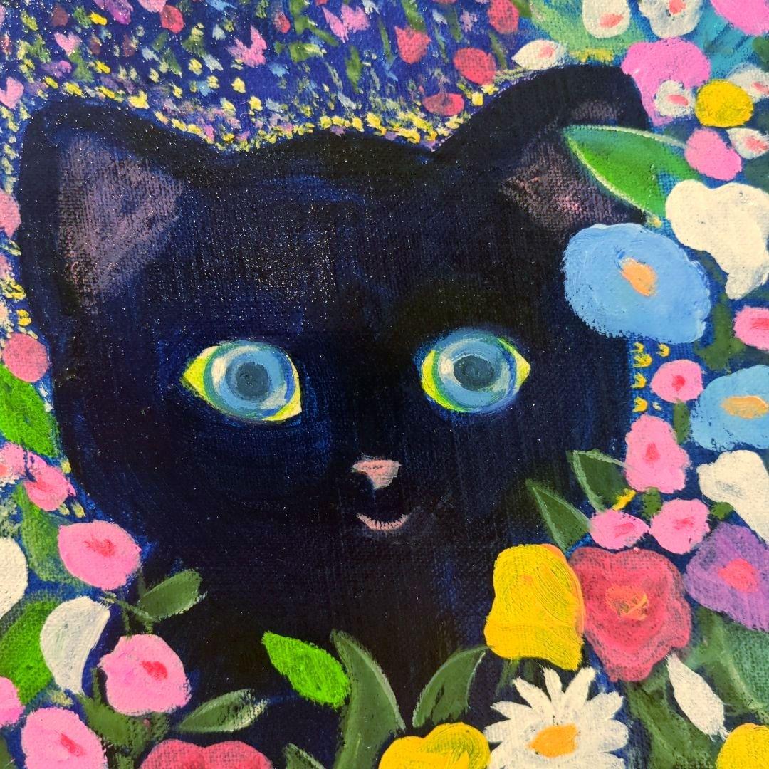 キャンバス油絵　専用   黒猫ガーデン 3　クリムト風フラワーガーデン