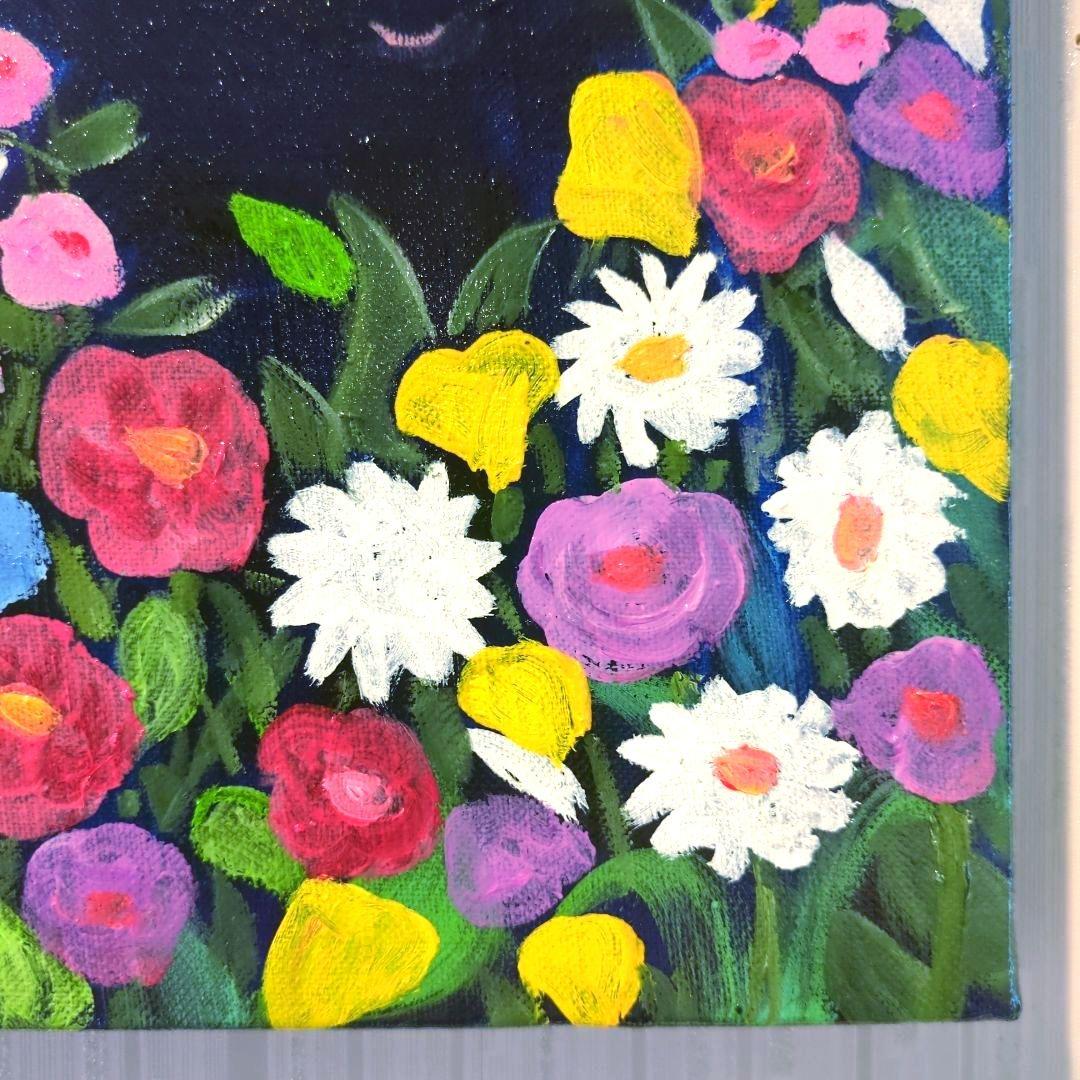 キャンバス油絵　専用   黒猫ガーデン 3　クリムト風フラワーガーデン