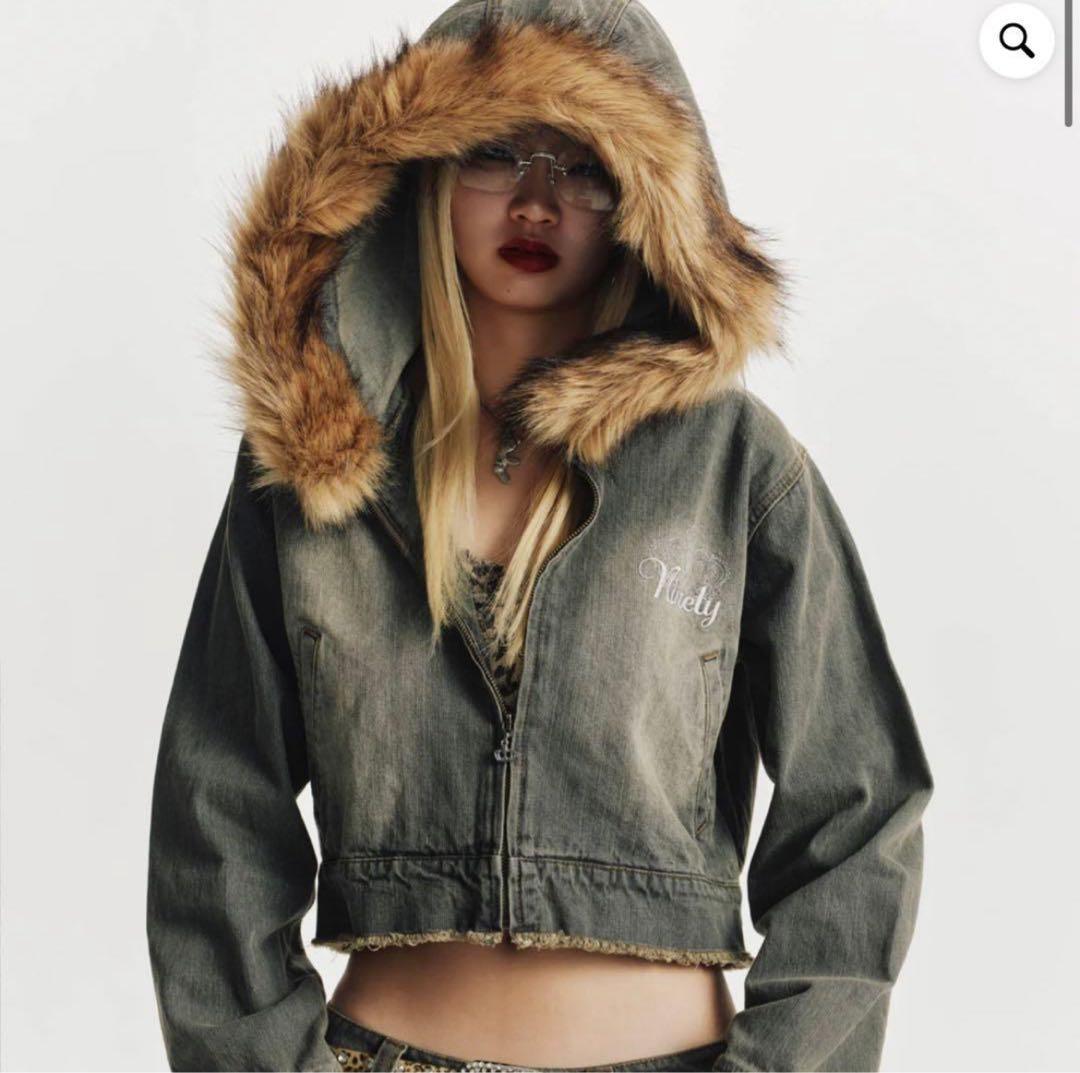 【9090girl 】ファーデニム フーディー ライトグレー M