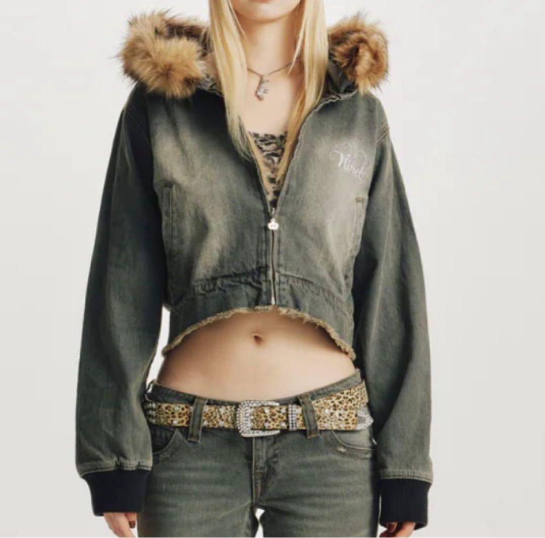 【9090girl 】ファーデニム フーディー ライトグレー M