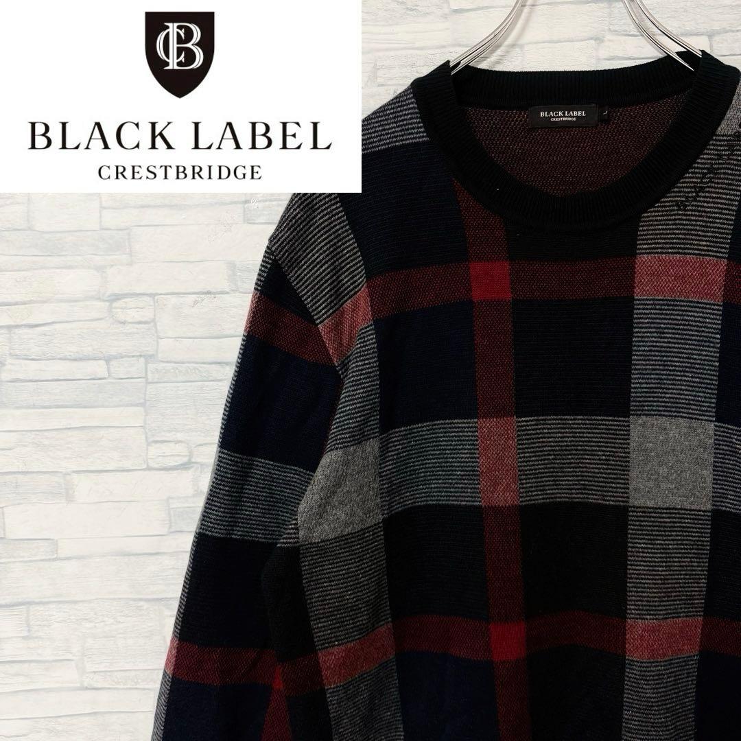 【美品】ブラックレーベルクレストブリッジ チェック ニットセーター 刺繍ロゴ L