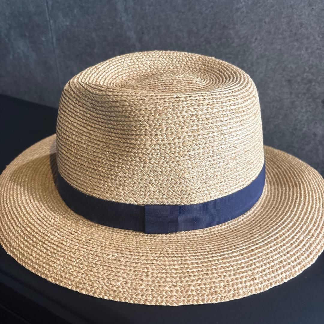 ヘレンカミンスキー　ベージュ ストロー フェドラハット ネイビーリボン