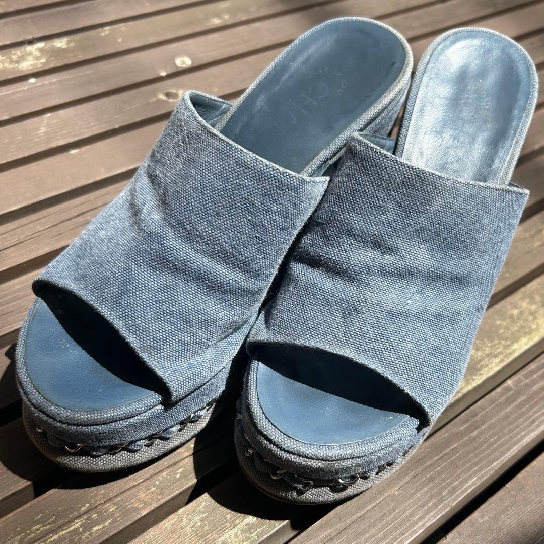 【CHANEL】シャネル チェーントリム デニム サンダル 36