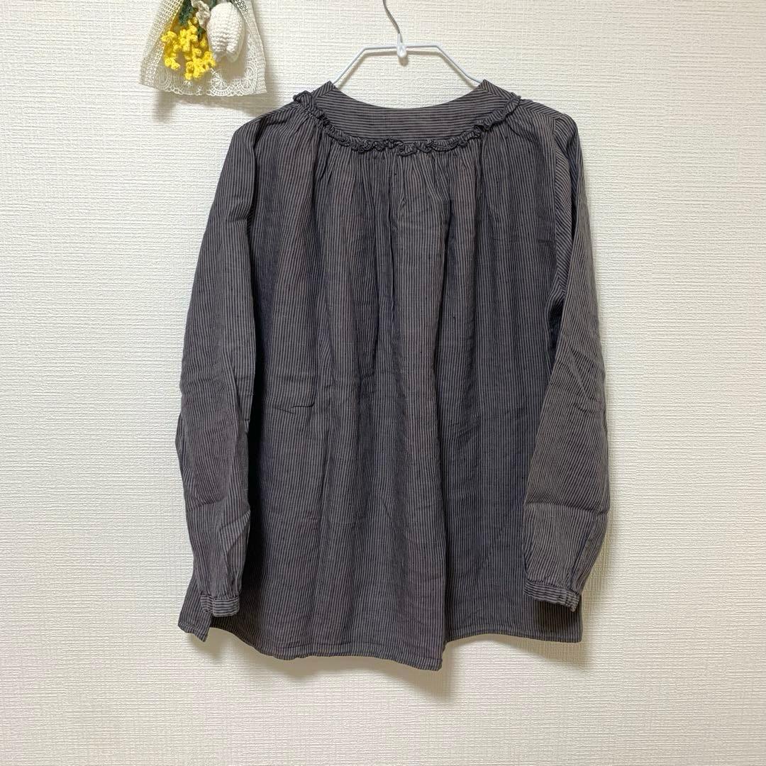 ネストローブ　リネンストライプボトルギャザーブラウス