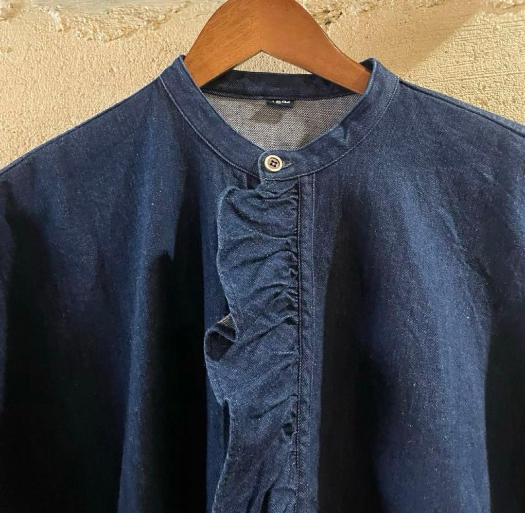 45R上質 インディゴ麦デニムフリルチュニック新品同様　ONEONEシリーズ