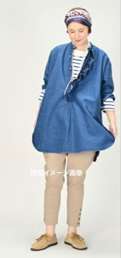 45R上質 インディゴ麦デニムフリルチュニック新品同様　ONEONEシリーズ