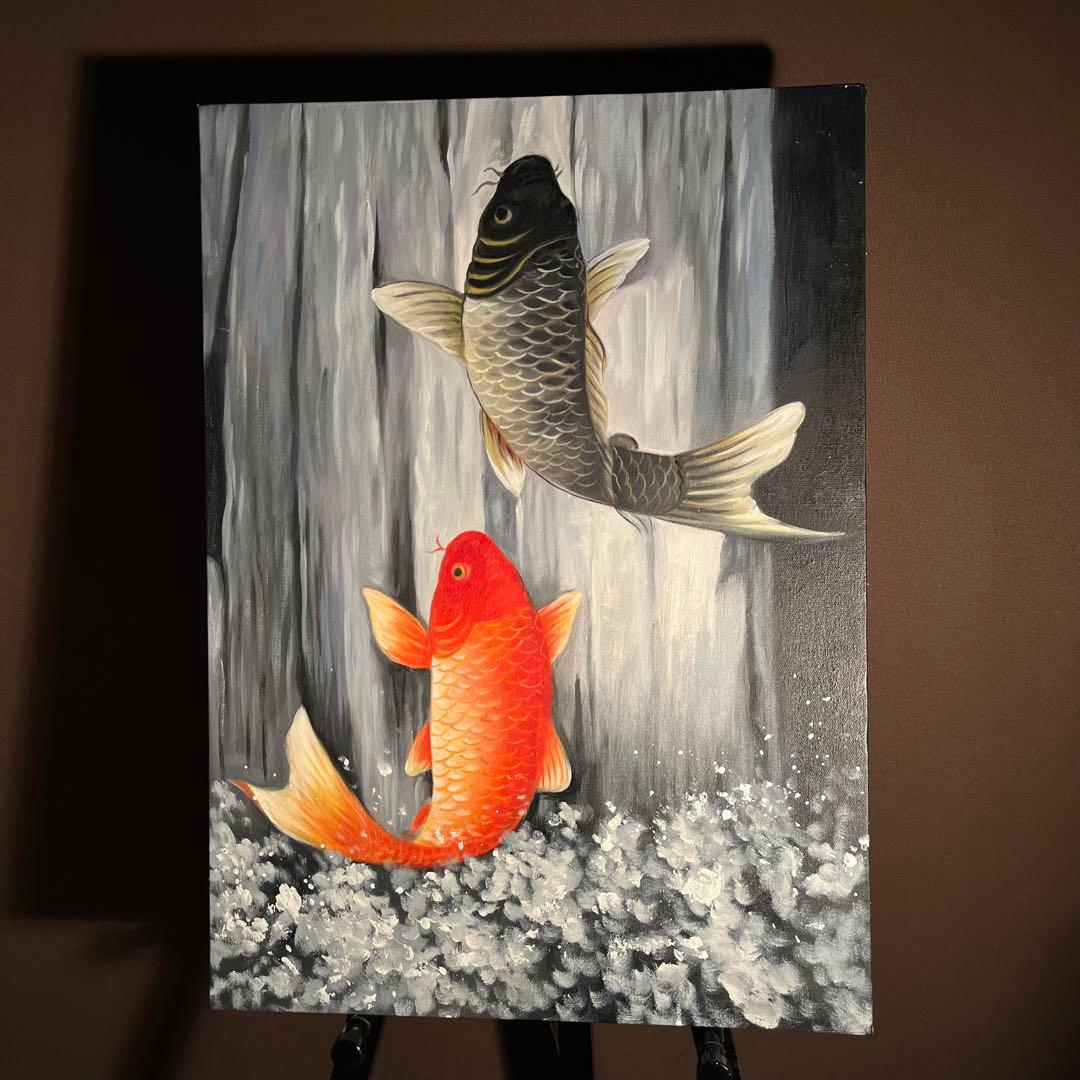 （大型）手書き油絵 鯉の滝登り 肉筆絵画 インテリア 油彩画