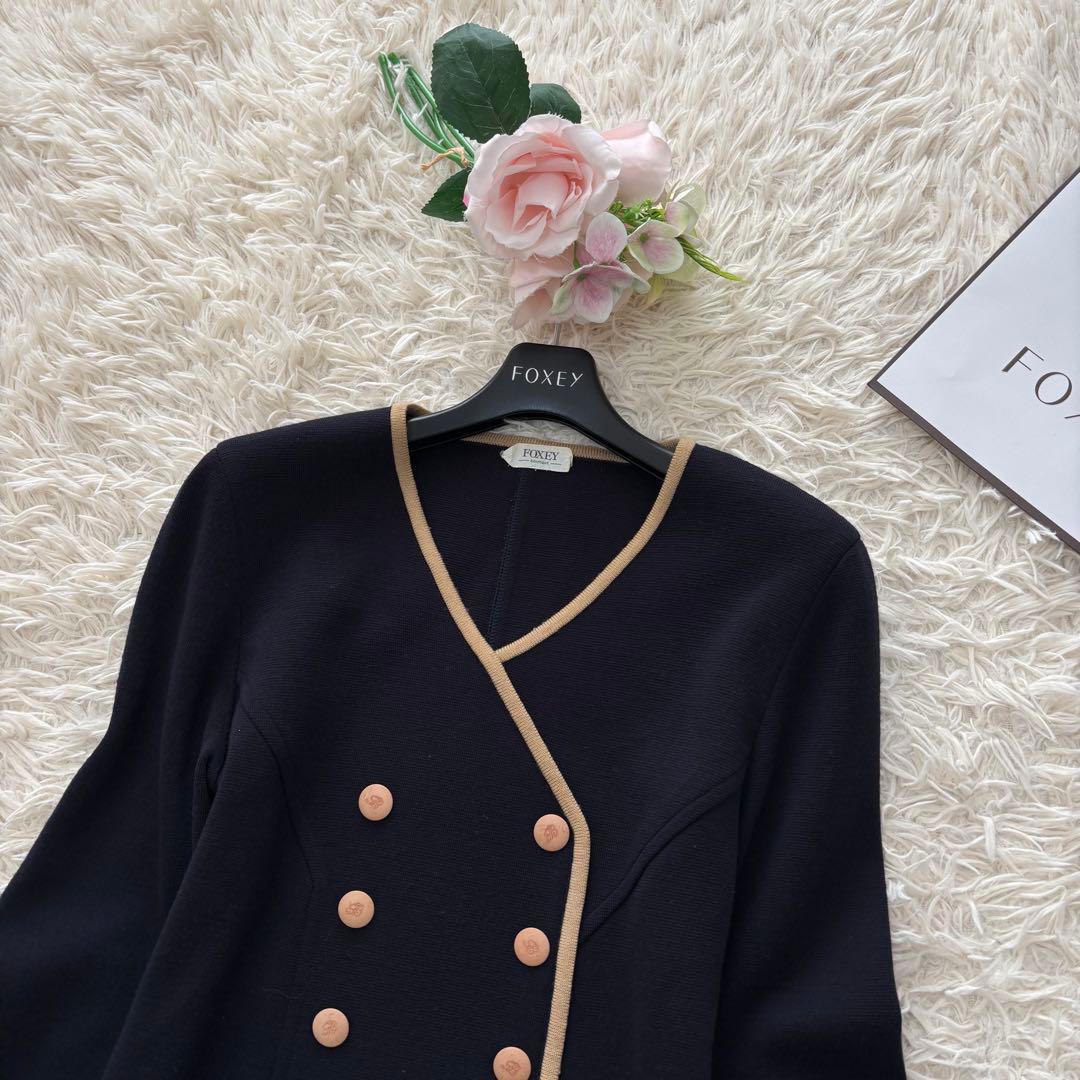 フォクシー　ウール100%ダブルボタンパイピングフレアワンピース　紺　L相当