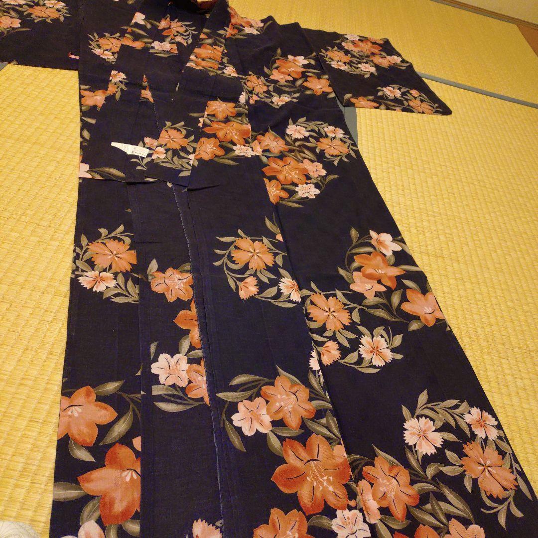 【lalala】【夢工房】浴衣・帯セット 紺色 撫子柄 下駄付き