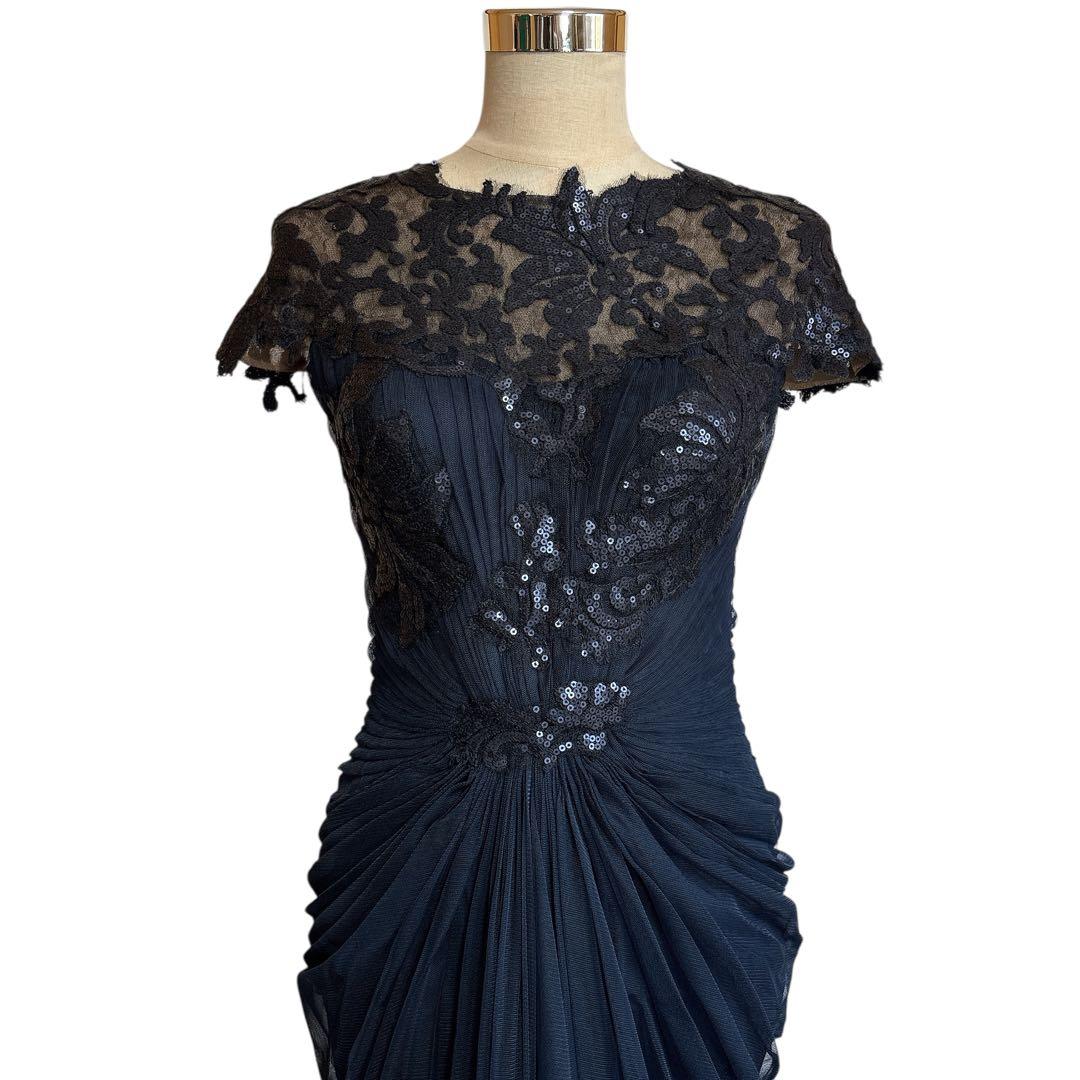タダシショージ スパンコール レース ロングドレス サイズ4 ネイビー