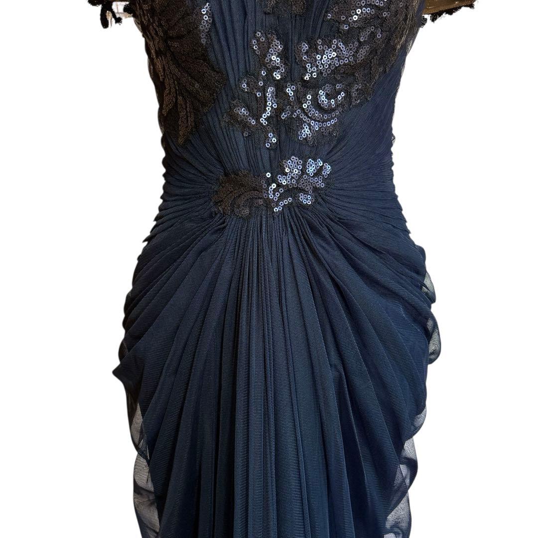 タダシショージ スパンコール レース ロングドレス サイズ4 ネイビー
