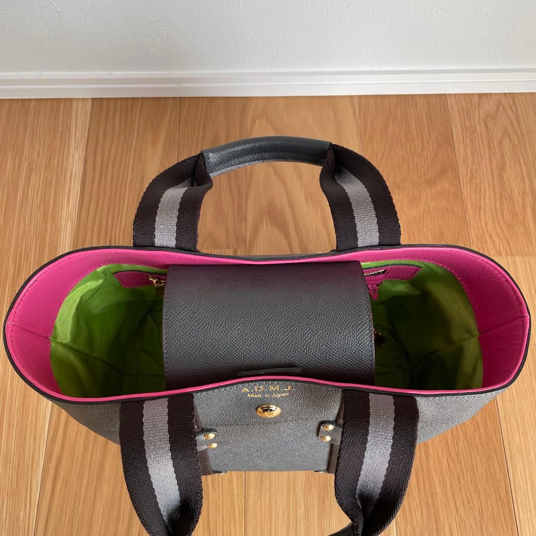 美品ADMJ ハンドバッグ レザー キャンバス　グレー　ストライプ