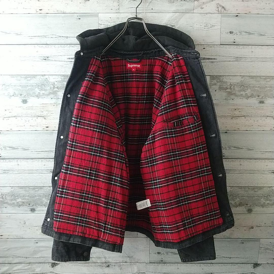 人気☆シュプリーム 刺繍ロゴ 襟切替 裏地チェック フード付 デニムジャケット