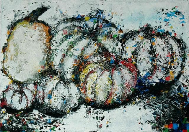 油絵 菅家令子 絵 絵画インテリア 額付(白) uF6-030114 かぼちゃ