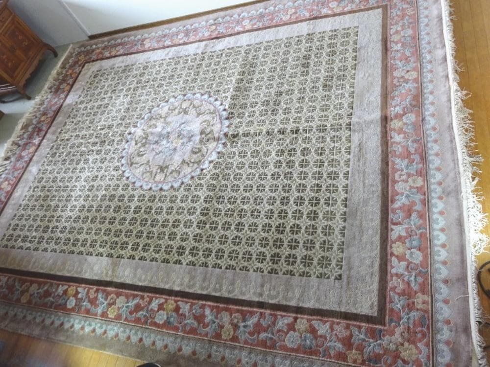 オリーブ　中国段通　シルク　120段　大判　306×246　高級絨毯　ラグ