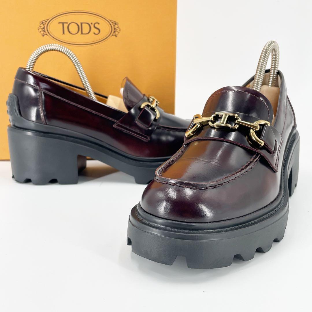 美品　トッズ　T金具　ローファー　革靴　ヒール　厚底　バーガンディ　レザー