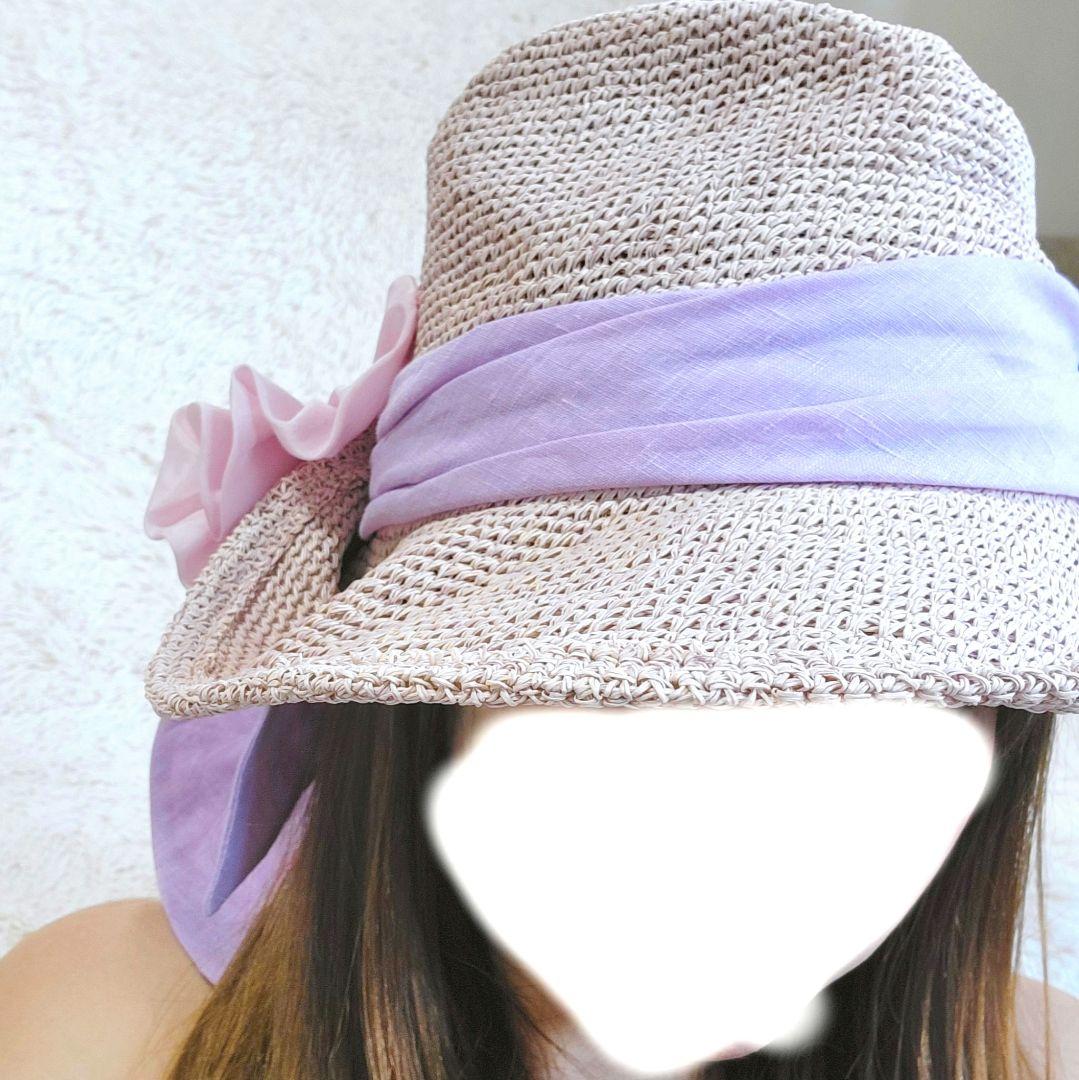 【CA4LA】リボン ストローハットカシラ　リボン 麦わら帽子　ピンク