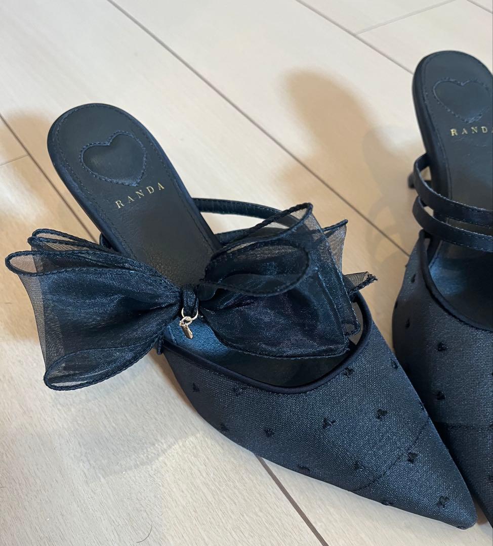 RANDA シフォンリボンハートミュールパンプス 25.5cm ブラック ランダ