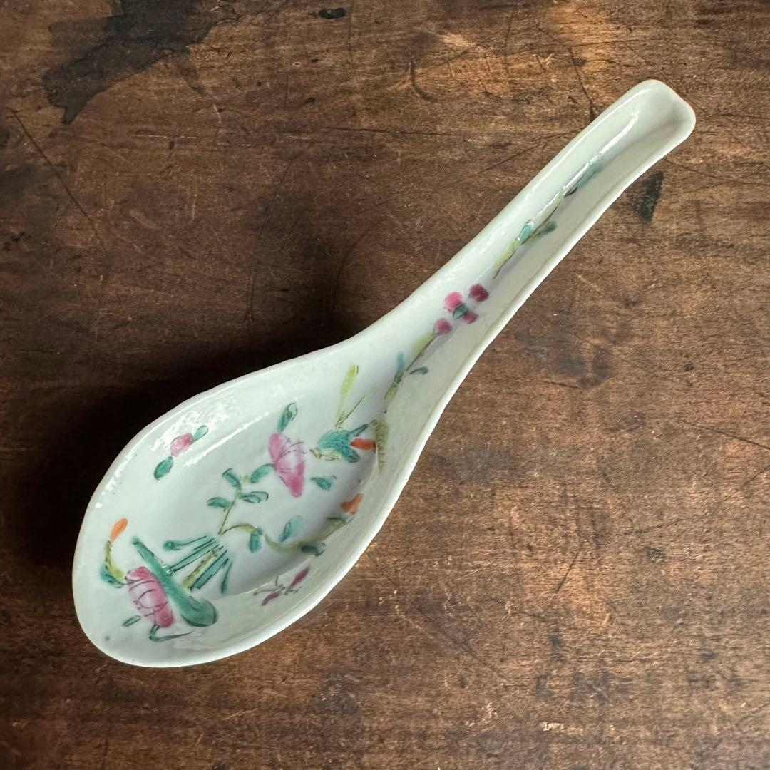 清時代 レンゲ スプー ン 粉彩 花柄 酒器 茶道具 陶磁器 中国美術