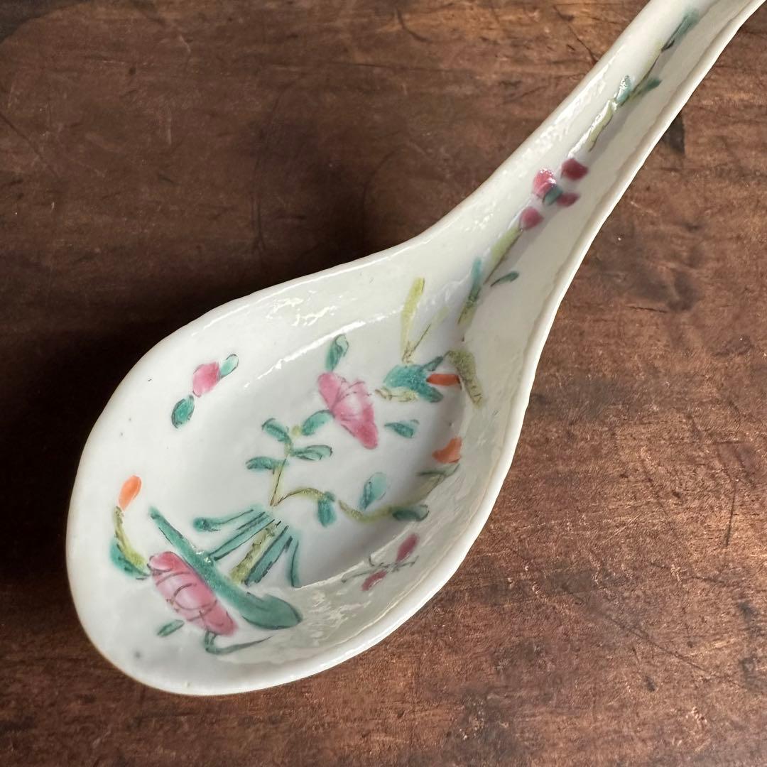 清時代 レンゲ スプー ン 粉彩 花柄 酒器 茶道具 陶磁器 中国美術